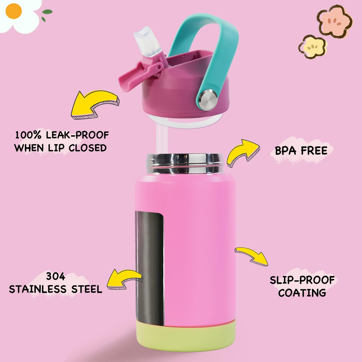 Kerilyn 12oz Kids Water Bottle, Stainless Steel Insulated Water Bottle for Kids, Toddler Cup with Straws Leak-Proof, Kids Water Bottles for School Boys Girls, BPA Free, Rose Red