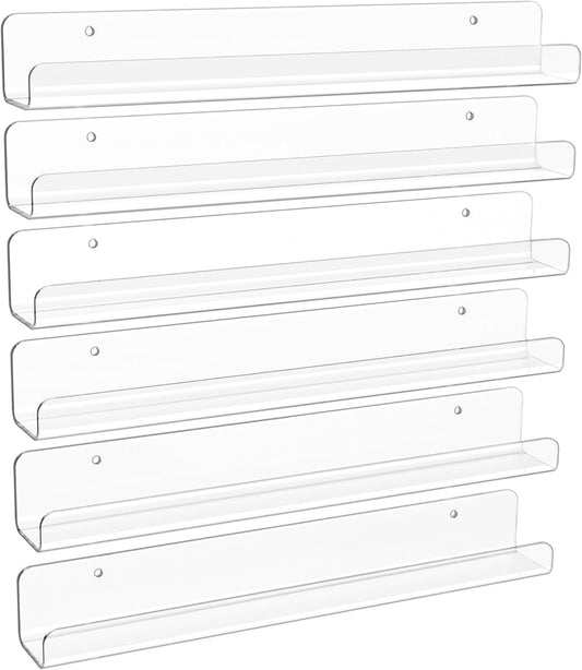 Upsimples Clear Acrylic Wall Shelves - 6 Pack, 1.7" x 12" for Nail Polish, Vinyl Records & Magazines