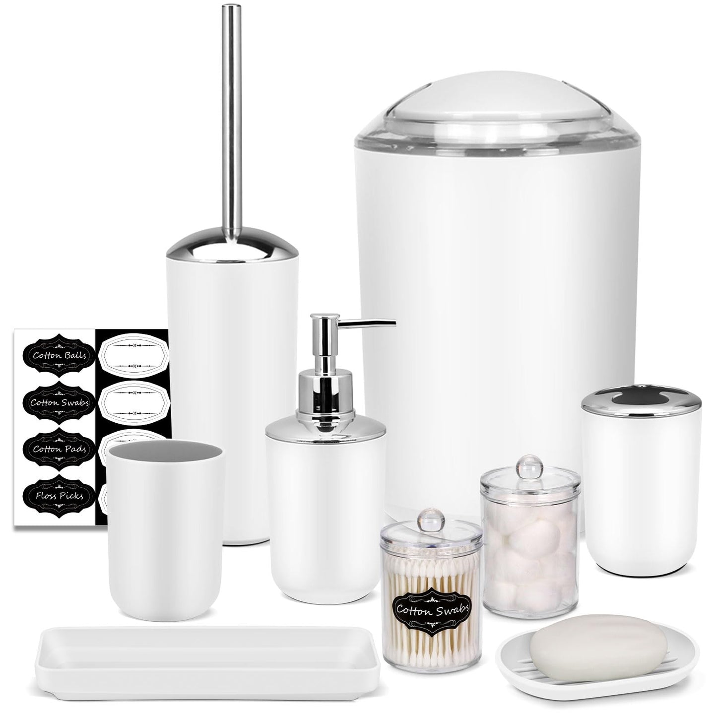 Bathroom Set - 9 Pcs White Bathroom Accessories Set with Trash Can,Tray,Soap Dispenser,Soap Dish,Toothbrush Holder&Cup,Toilet Brush Holder,2 Qtip Holder Dispenser