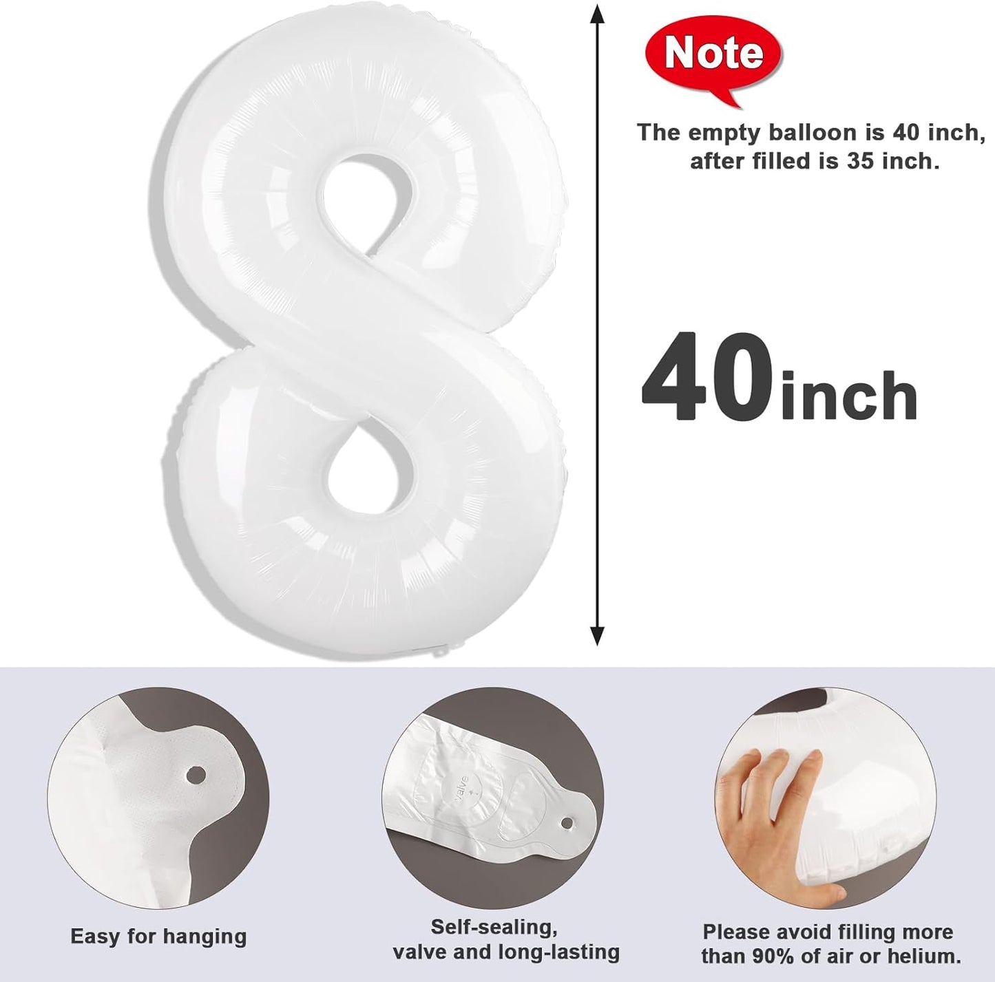 40 Inch White Number 8 Balloon - Perfect for 8th Birthday Parties, Weddings & Graduations