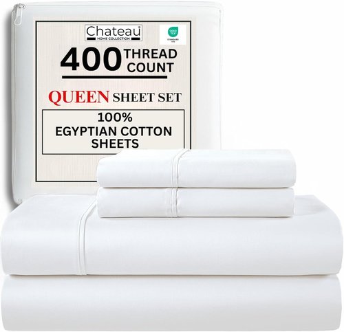 Chateau Home Collection Egyptian Cotton Sheets - Soft Cooling Sateen Weave, 400 Thread Count, Queen Size, White