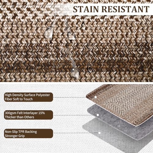 Brown Washable Geometric Rug 5x7 - Farmhouse Braided Print, Non-Slip, Low Pile