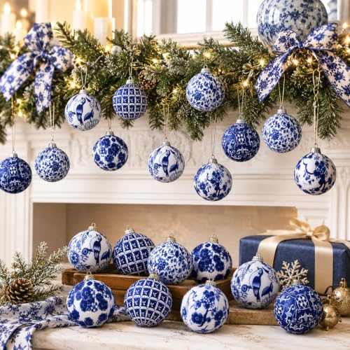 Preboun 12 Pcs Christmas Chinoiserie Blue Ornaments 1.97 Inch