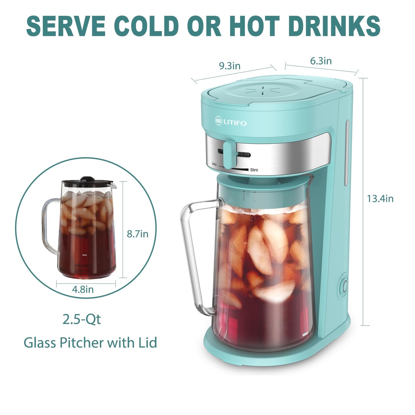 LITIFO Iced Tea Maker and Iced Coffee Maker Brewing System with 2.5-quart Pitcher, sliding strength selector for Taste Customization, Stainless Steel (Black 2.0)