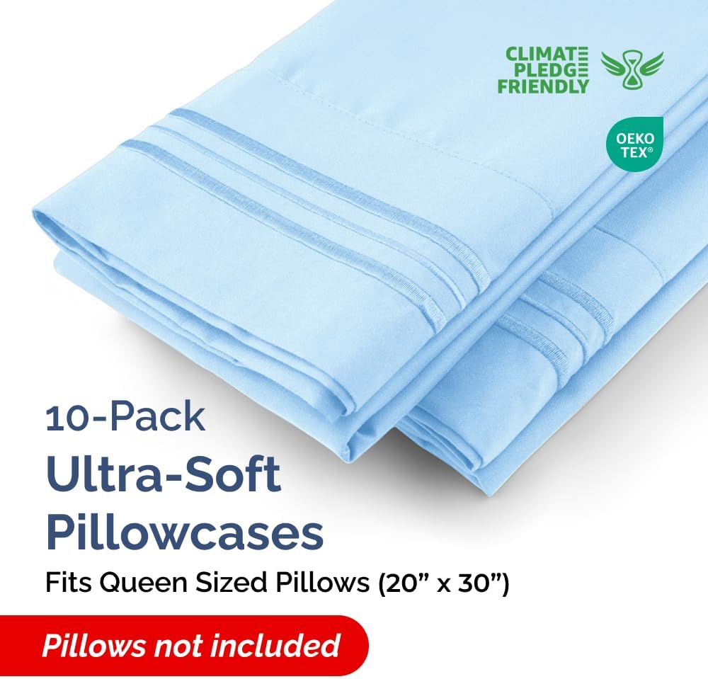 Queen Pillow Cases by [Brand Name] - Ultra Soft Hotel Quality Covers - Wrinkle Free & Fade Resistant - 10 Piece Set in Light Blue
