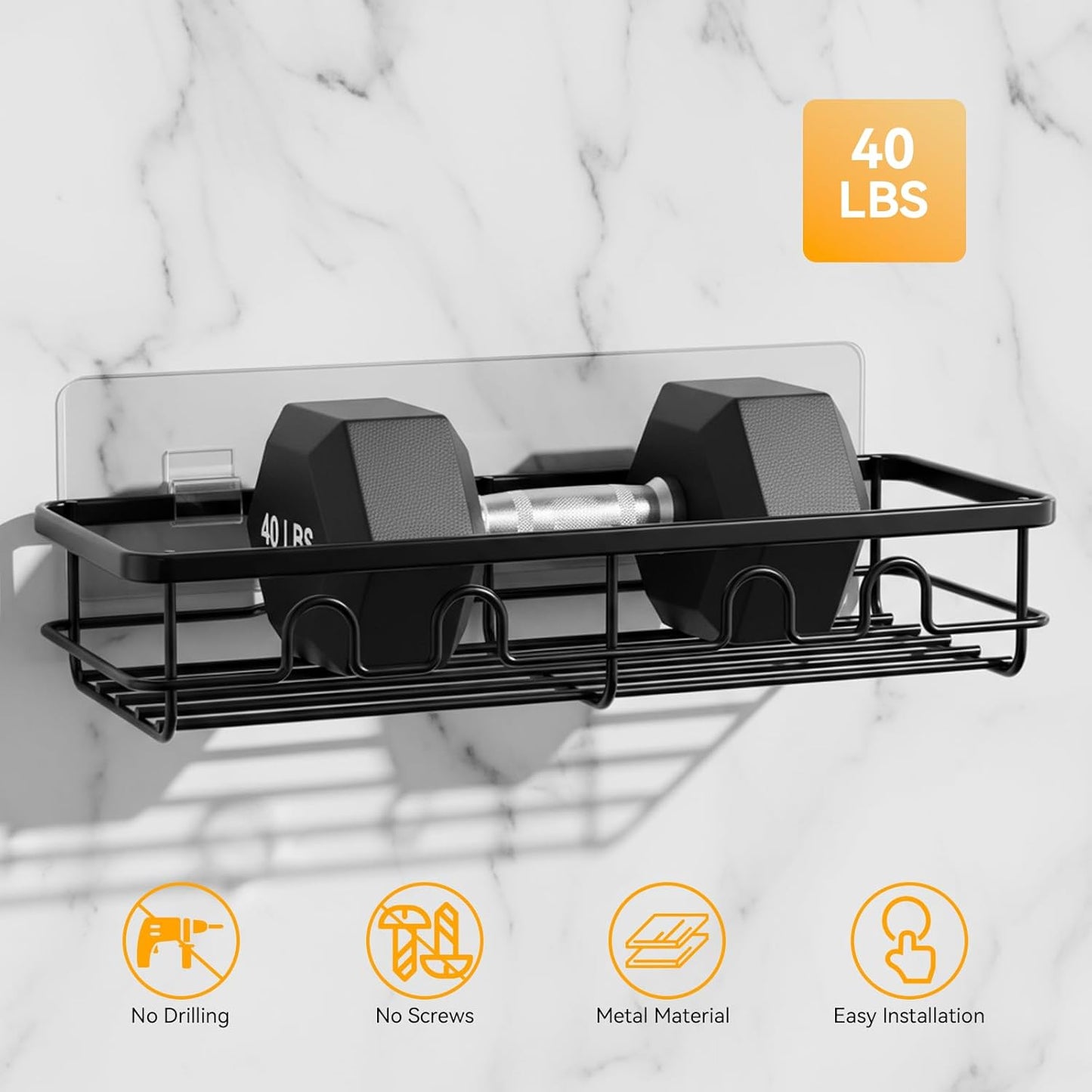 Skiennix Adhesive Shower Caddy - Large Capacity No Drill Bathroom Organizer | 2 Pack Black Shelves