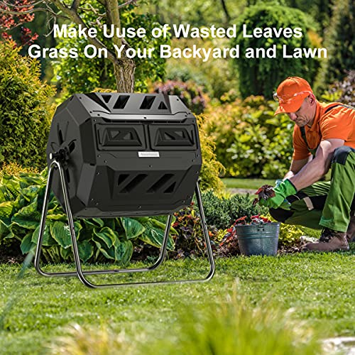 Black Compost Tumbler Bin with Dual Chambers 43 Gallon - Includes Gardening Gloves