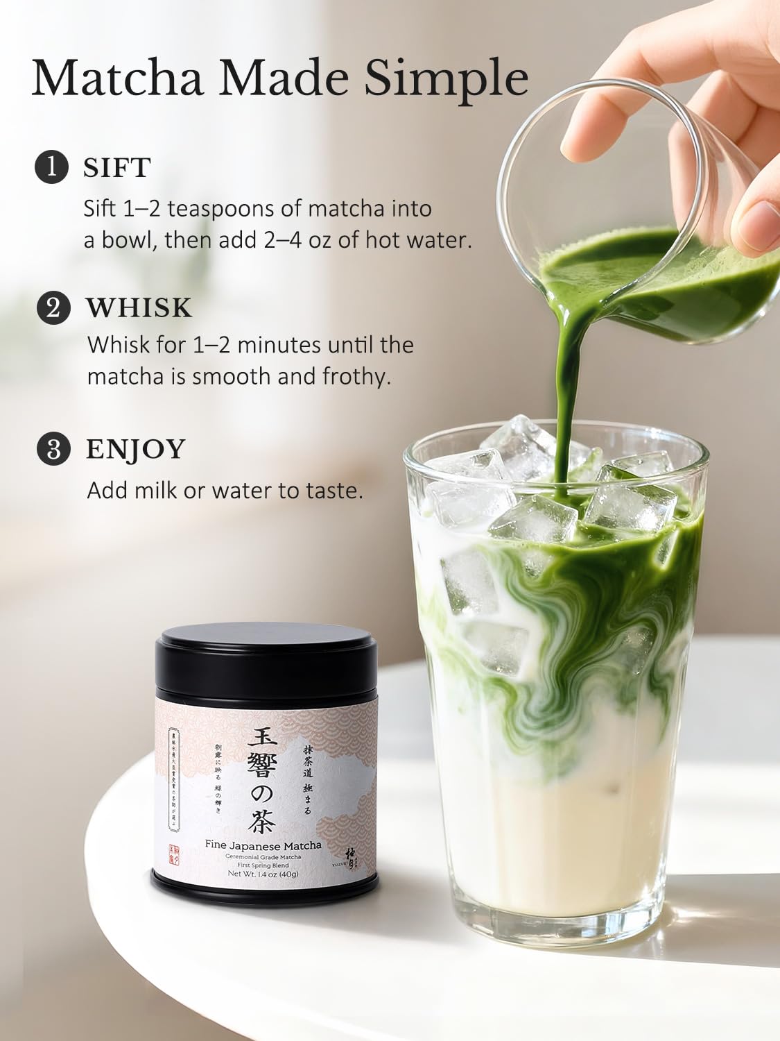 YUZUKI Matcha Powder - Ceremonial Grade Green Tea from Uji Kyoto - Zero Sugar - 40g (1.4 oz)