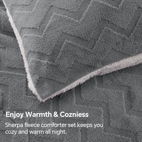 BEDELITE Fluffy Sherpa Queen Comforter Set - Grey, Embossed Floral Design