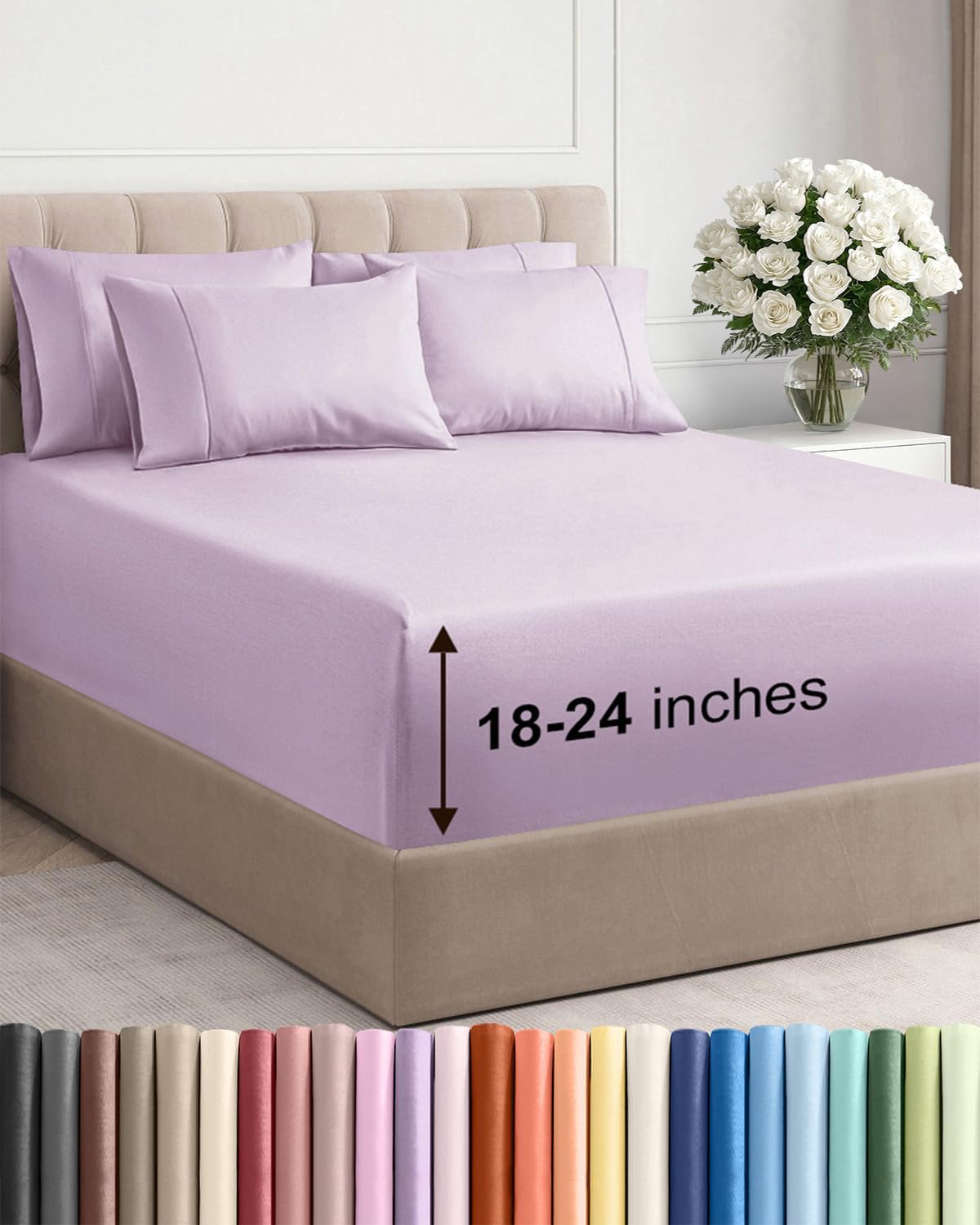 Skiennix Extra Deep Cal King Sheet Set - 6 Piece Cooling & Breathable Luxury Bedding - Soft Light Lavender