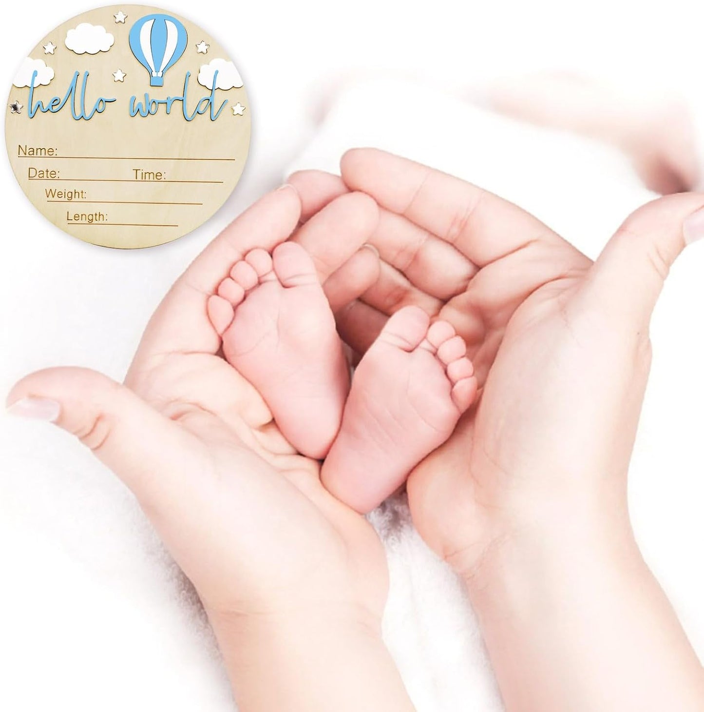 Skiennix Baby Announcement Sign - 5.9 Inch Wooden Hello World Newborn Sign with Hot Air Balloon & Cloud (Blue)