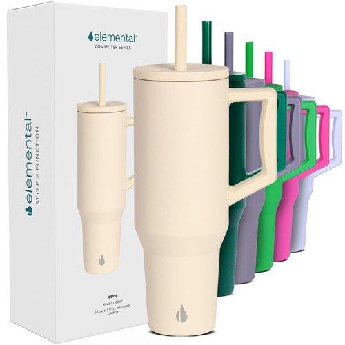 Elemental 40 oz Tumbler with Handle and Straw - Spill Proof Insulated Stainless Steel Commuter for Cold Beverages - Travel Coffee Mug with 2 Straws & Spill Proof Lid - 40oz - Beige