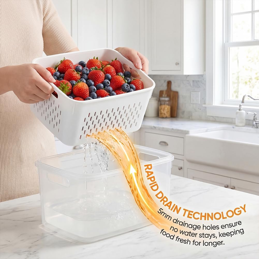 Skiennix 4-in-1 Food Storage Container - Versatile Fruit Storage with Removable Colanders | Gray, Small & Medium