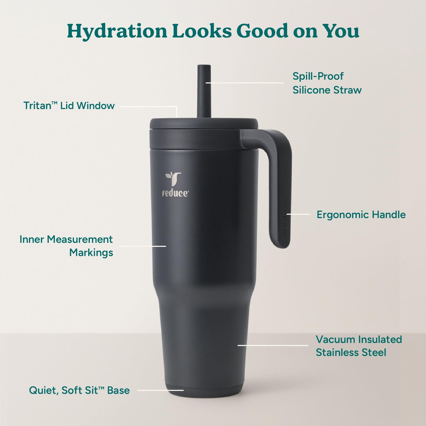 REDUCE Chiller Vacuum Insulated 40 oz Tumbler with Spill-Proof Silicone Straw - Sustainable Tritan Lid with Water Intake Markers - Soft Sit Base Travel Mug - Dishwasher Safe - Phantom