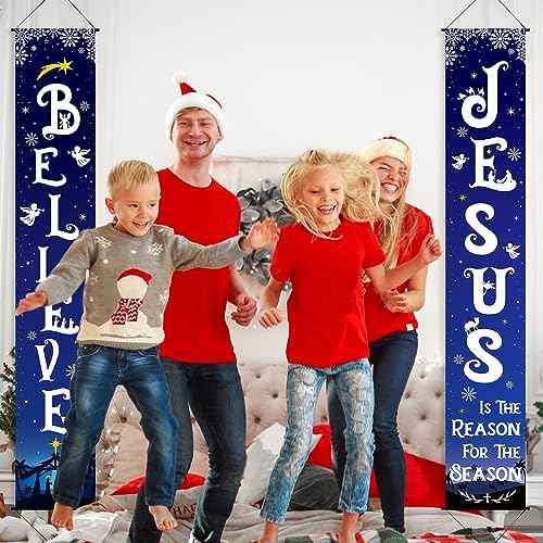 Tiamon Christmas Front Porch Banners Winter Religious Nativity Scene Sign Holiday Hanging Banner Xmas Decoration for Front Door Believe Jesus Is the Reason for the Season 12 x 71 Inch (Snowflake)