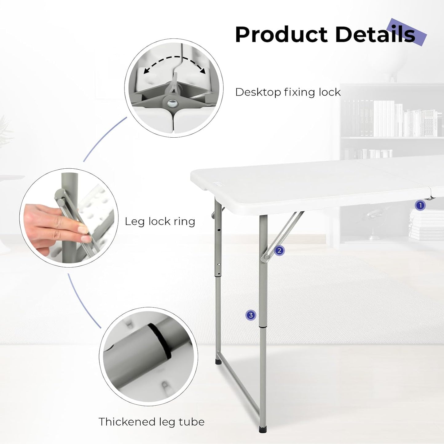 Byliable Folding Table - 4 Foot Portable Heavy Duty Utility Table | Adjustable Height, White, Ideal for Indoor & Outdoor Use