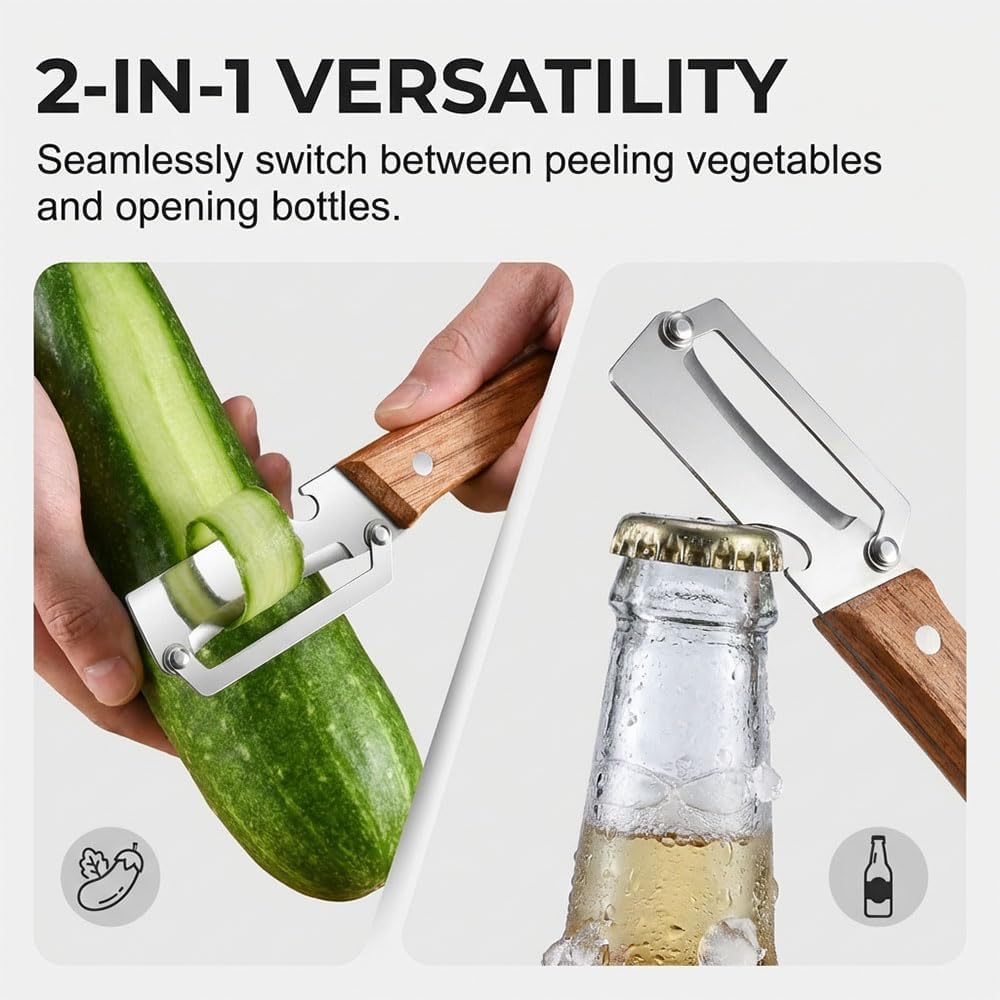Skiennix Vegetable Peeler - 2-in-1 Multi-Functional Kitchen Tool with Wooden Handle & Bottle Opener | Stainless Steel
