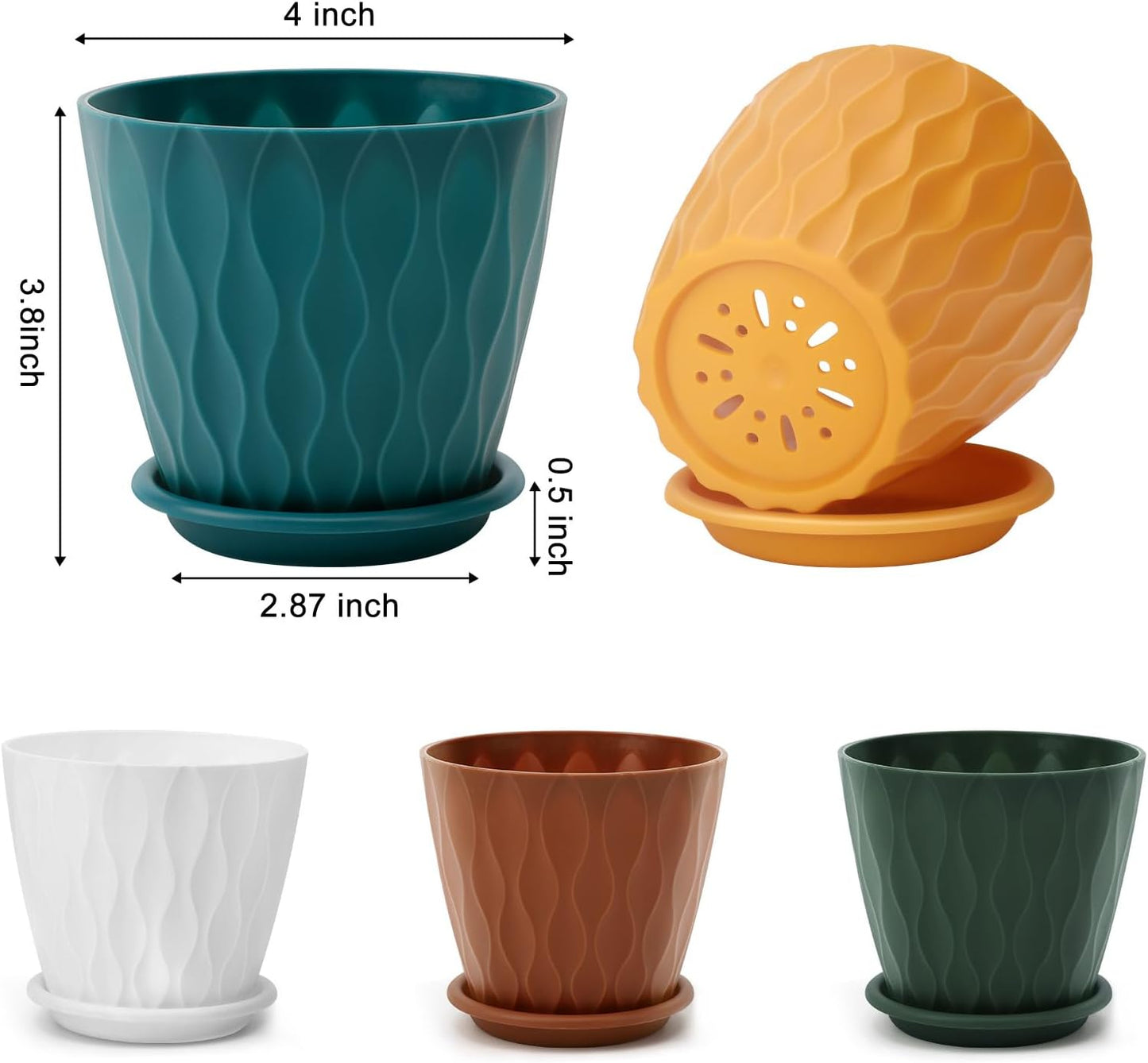 YNNICO 4-Inch Flower Pots - 5 Pack Indoor/Outdoor Planters with Drainage Holes & Tray Saucers | Multicolor