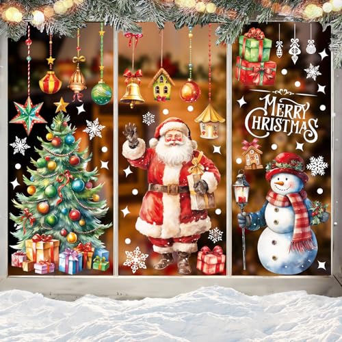 DERAYEE Christmas Window Clings 4 Sheets - Extra Large Double-Sided Santa, Snowman & Tree Decals