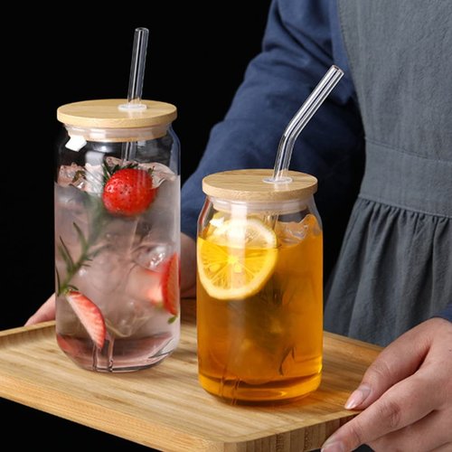 ARTIBETTER 18Oz Glass Water Cups with Bamboo Lids and Glass Straws 2-Pack Clear Reusable Drinking Cups for Coffee Tea and Cold Beverages