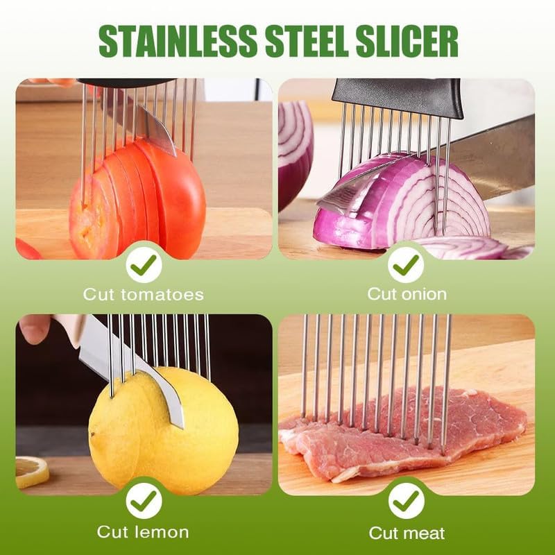 Onion Holder for Slicing, Onion Cutter Vegetable Chopper, Stainless Steel Slicer for Potato, Avocados, Eggs, Food Slicer Assistant Tool for Fruit Lemon and Meat (1)