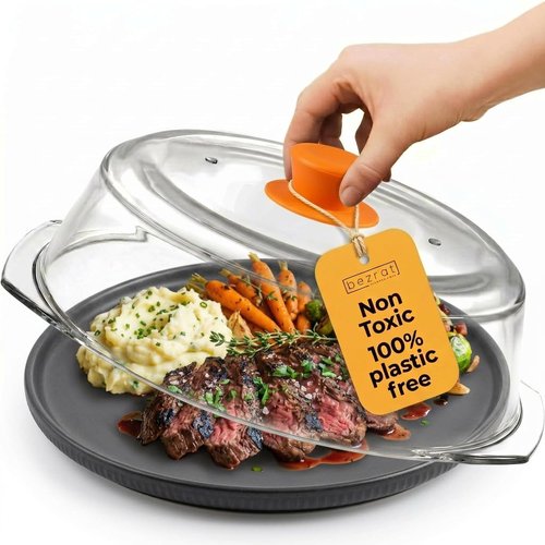 Bezrat Microwave Tall Glass Plate Cover For Food | Splatter Guard Lid with Easy Grip Silicone Handle Knob & Steam Vents | 100% Food Grade | BPA Free and Dishwasher Safe | Plates and Bowls 10 x 3 Inch