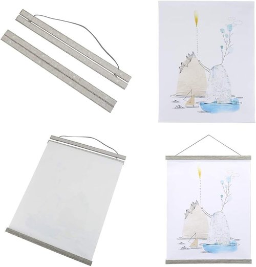 Benjia Magnetic Poster Hanger - 23" Wooden Frame for Canvas Art & Maps | Grey Dowel Hanging Kit