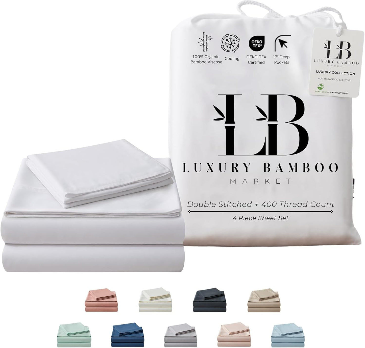 Luxury Bamboo Market King Size Bed Sheet Set - 100% Viscose Bamboo | Ultra Soft & Cooling | 17" Deep Pocket | Classic White