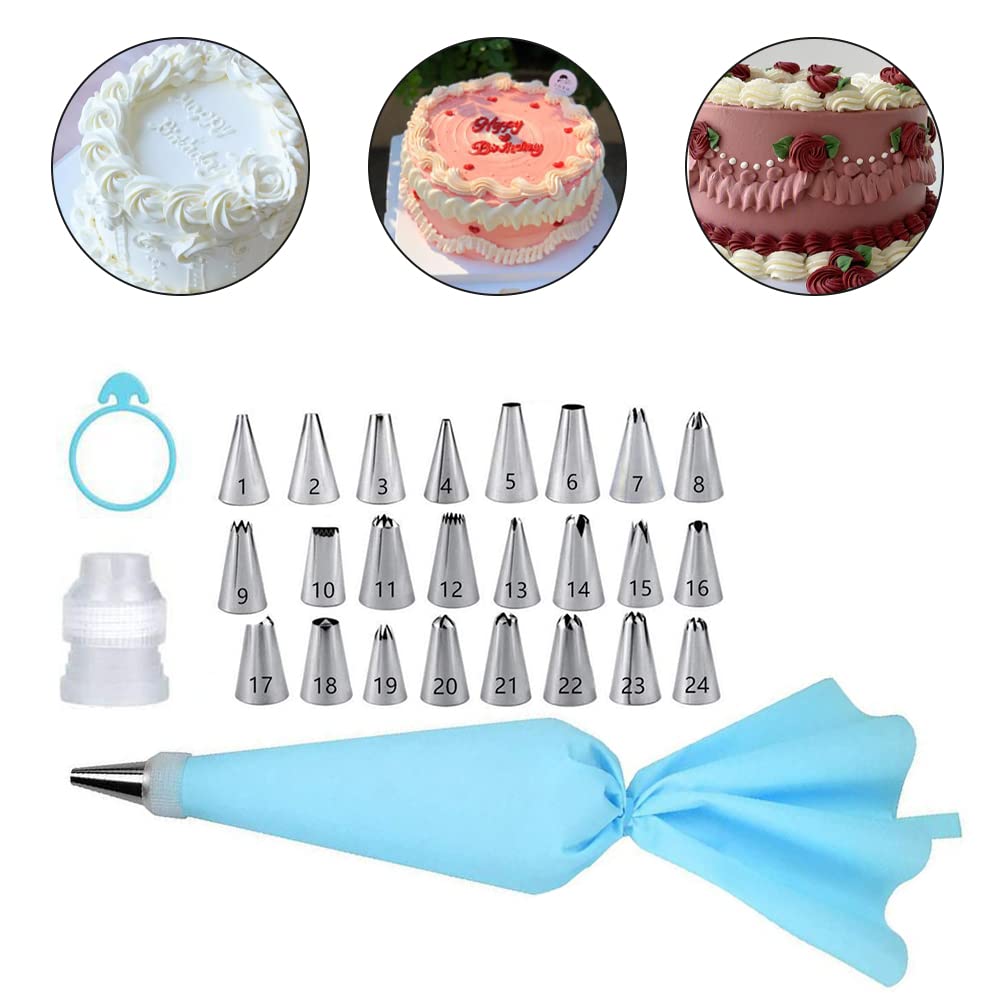 27-Piece Cake Decorating Kit with 24 Stainless Steel Nozzles, Reusable Silicone Bag, Coupler & Tie - Icing Bags and Tips Set for Cupcakes, Cookies & Baking