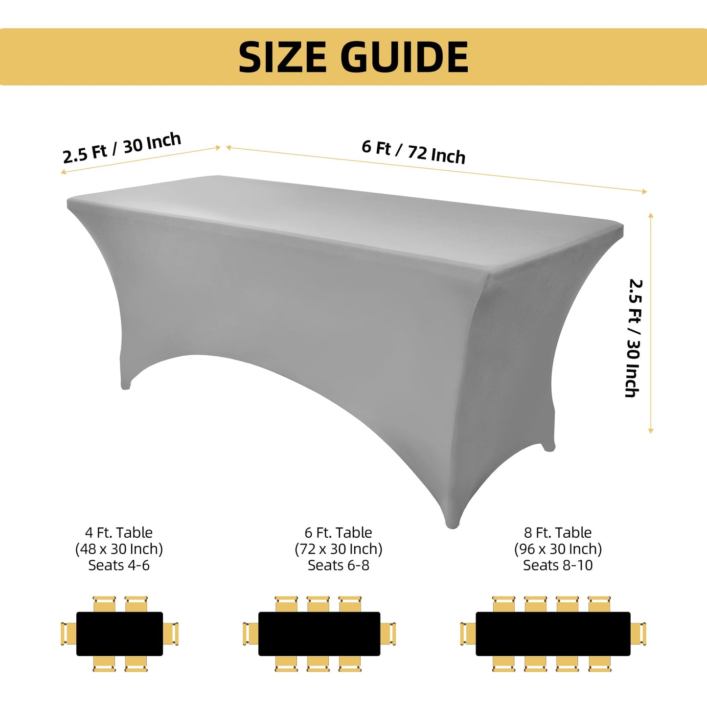ZarzaaSik 113 6-Pack 6ft Spandex Table Covers for Rectangle Standard Folding Tables - Wrinkle Resistant Stretch Tablecloths - Ultimate Fitted Table Protector for Parties, Banquet, and Wedding