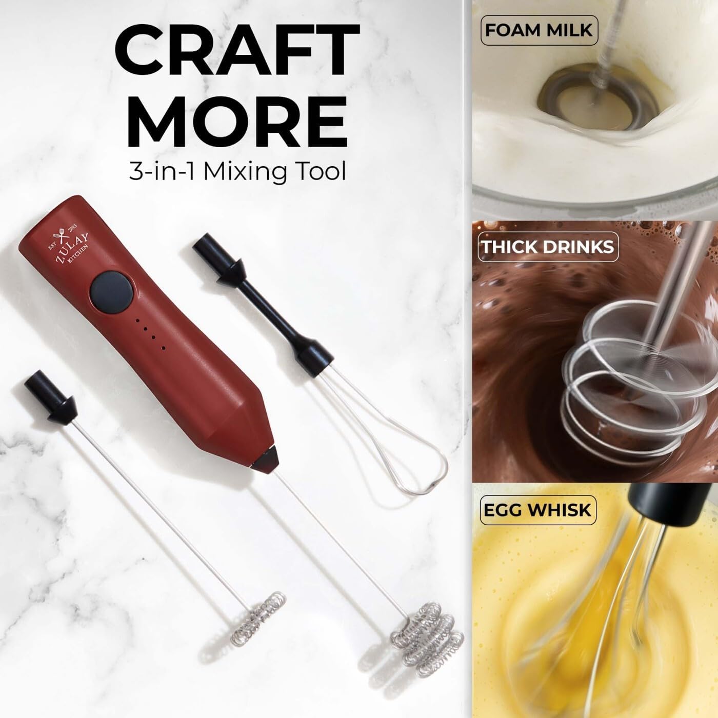 Zulay Kitchen Rechargeable Milk Frother - 3 Speeds & 3 Whisk Attachments - USB Drink Mixer for Lattes & Cappuccinos - Red Black