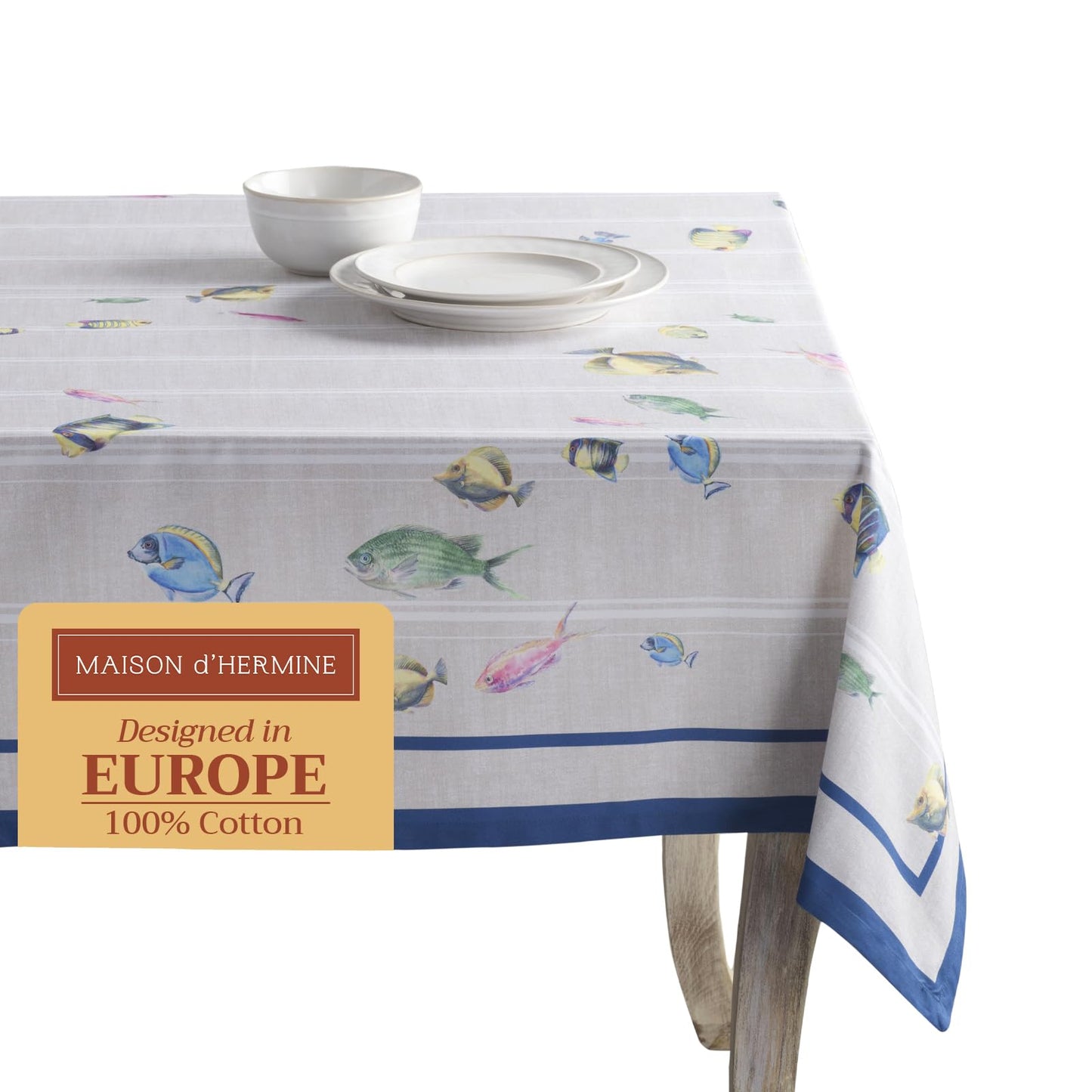 Maison d' Hermine Table Cloth Rectangle Table 100% Cotton 60 x 90 Inches Tablecloth Reusable Decorative for Dining Kitchen Room Farmhouse Home Gifts for Mothers Day Spring Summer - Poisson
