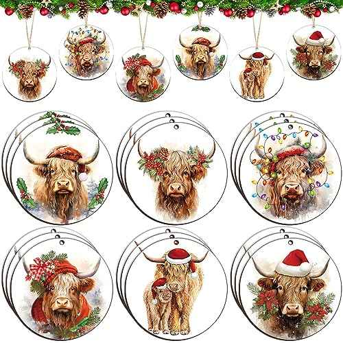 Suzile 24 Pcs Highland Cow Christmas Ornament Wooden Coo Highland Cow Hanging Sign for Christmas Tree Farm Animal Themed Christmas Ornament with Ropes for Cow Lover Farm Xmas Party Decor (Cute)