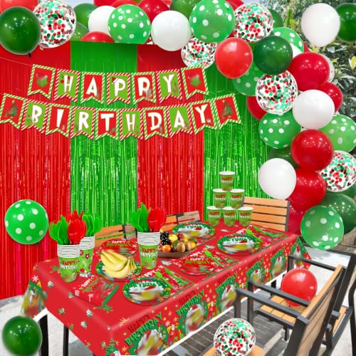 Christmas Birthday Party Decorations Set with Banner, Balloons, Tableware & Foil Curtains