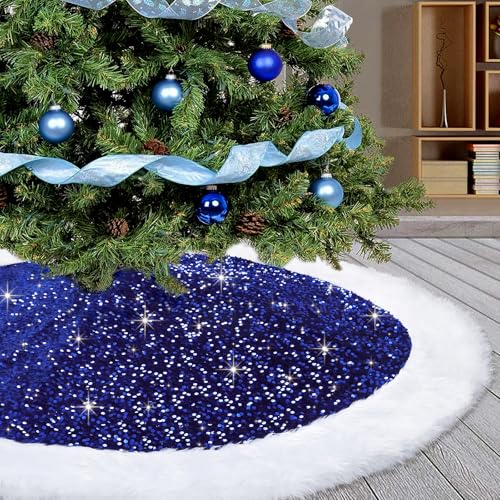 Dremisland 30 Inch Blue Sequin Christmas Tree Skirt with Faux Fur Edge