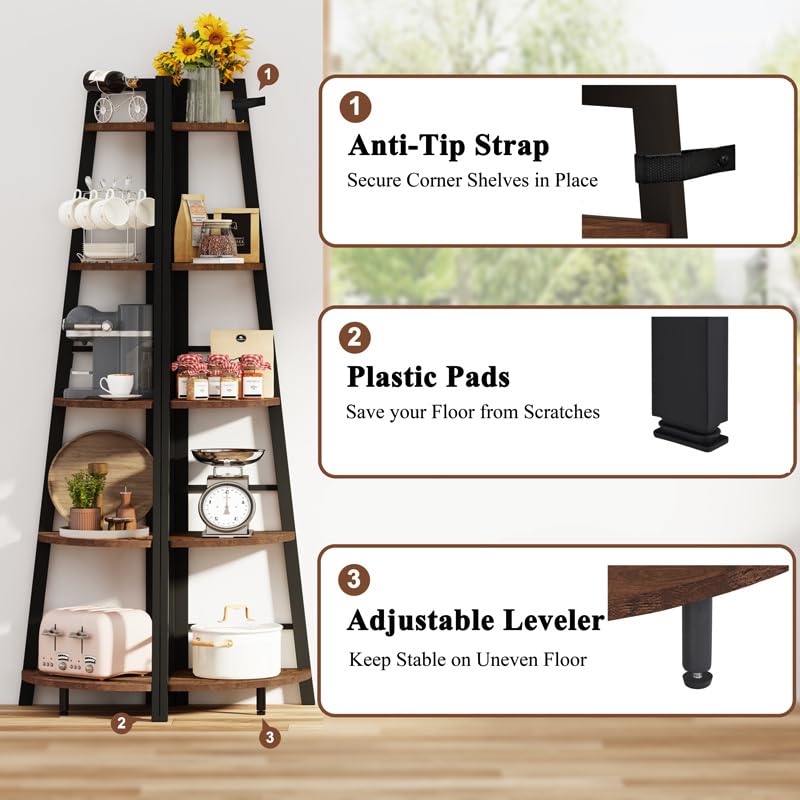 Corner Ladder Shelf Stand - 5-Tier Rustic Oak Corner Bookcase for Living Room & Office