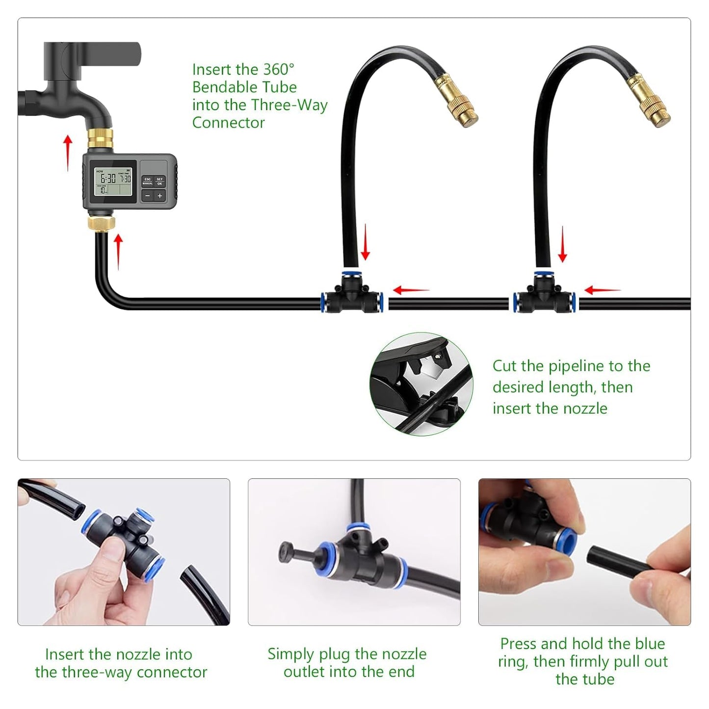 Skiennix 60Ft Drip Irrigation System - Automatic Garden Watering Kit with Smart Timer & Adjustable Nozzles