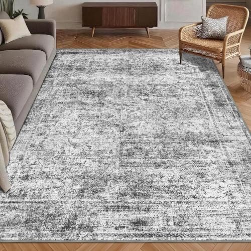Foldable 6x9 ft Vintage Persian Area Rug - Non-Slip Machine Washable Carpet for Living Room & Bedroom - Graphite & Mist