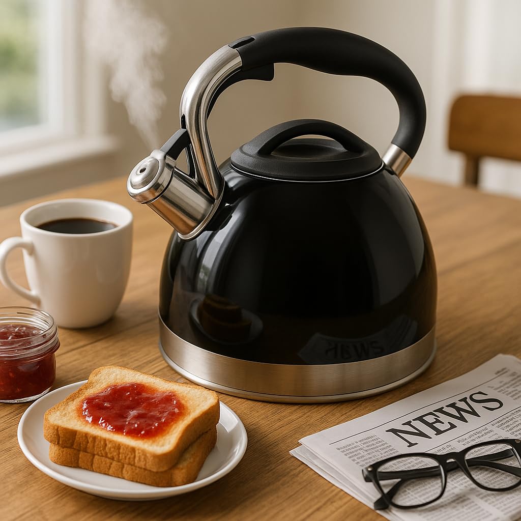 Creative Home 3.5 Quart Whistling Tea Kettle for Stovetop, Food Grade Stainless Steel Tea pot, Fast Boiling Water, Ergonomic Handle, for Gas & Induction, Black