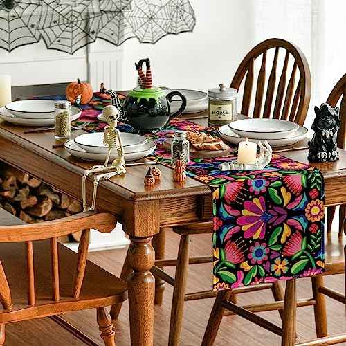 Artoid Mode Floral Dia De Los Muertos Serape Fiesta Mexican Table Runner, Mexico Day of The Dead Kitchen Dining Table Decoration for Home Party Decor 13x36 Inch