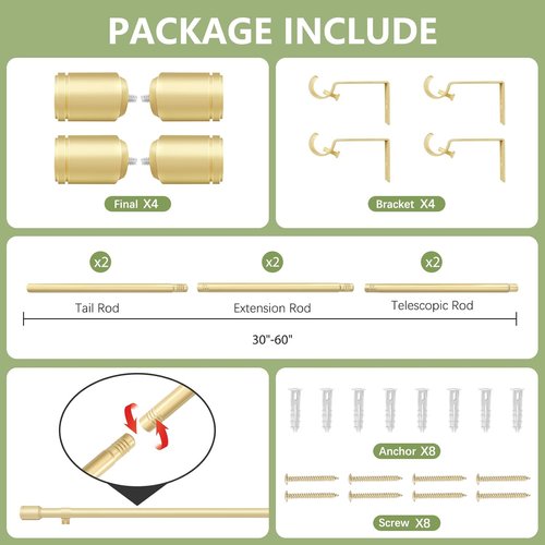Gold Adjustable Curtain Rods by [Brand Name] - 5/8” Diameter, 30-60 Inch for Windows | 2 Pack with Brackets