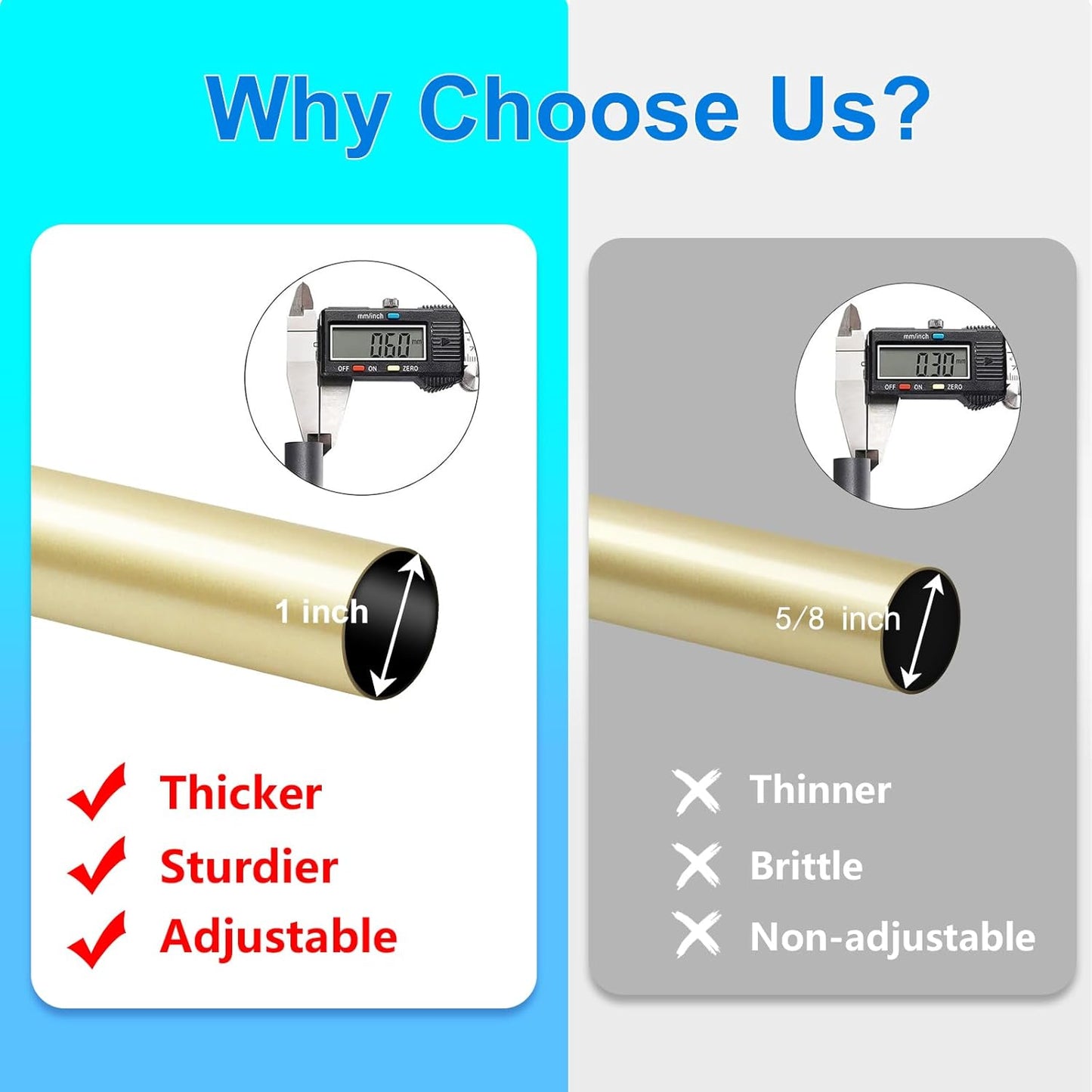 Byondeth Curtain Rods - Adjustable 16 to 200 Inches | 1 Inch Diameter with Elegant Aluminium Finials in Warm Gold