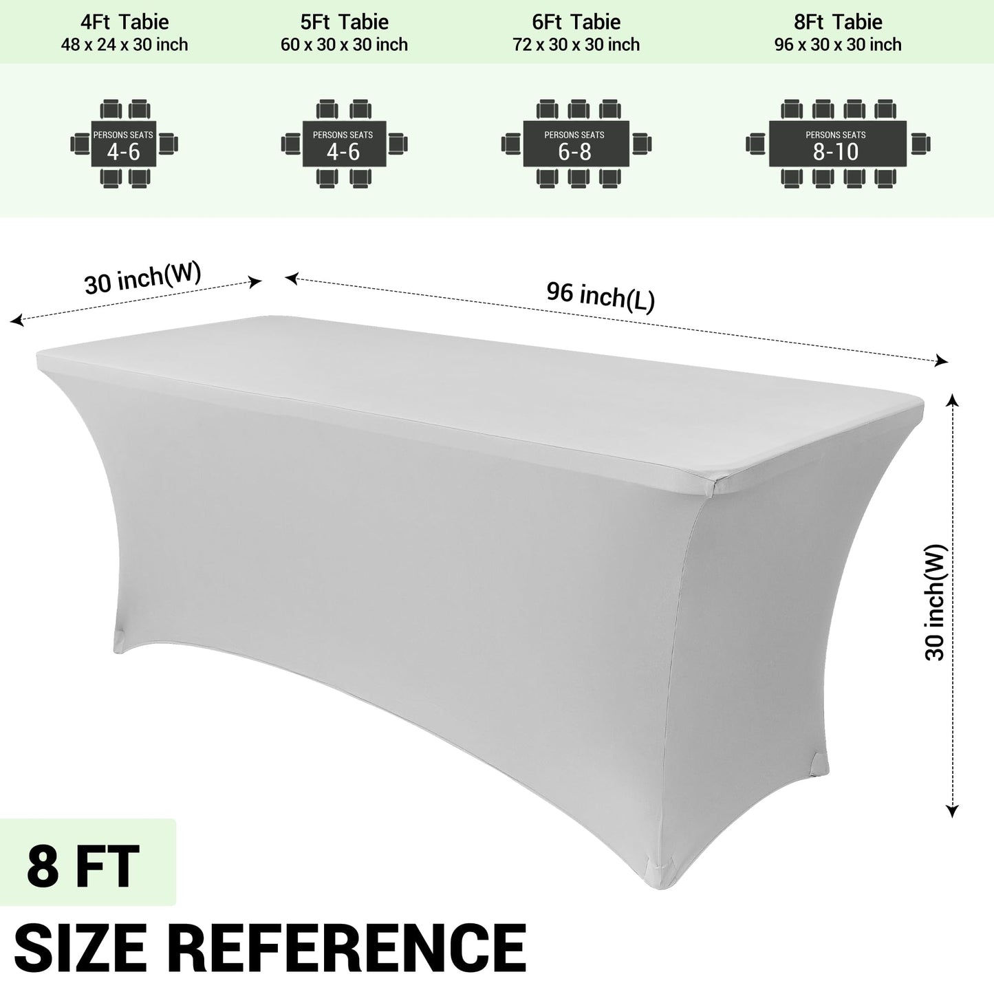 Obstal 8Ft Stretch Spandex Table Cover for Standard Folding Tables - 2 Pack Universal Rectangular Fitted Tablecloth for Party, Banquet, Events, Trade Show (Silver, 96L x 30W x 30H Inches)