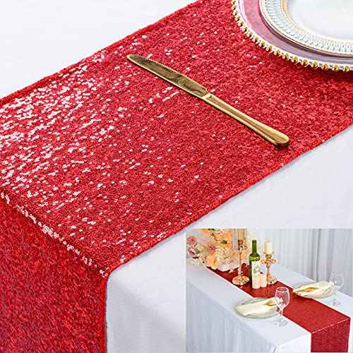 ShinyBeauty Red Sequin Table Runner 14X108-Inch Red Table Runners for Party Glitter Table Cloth for Weddings Event Christmas Table Decor