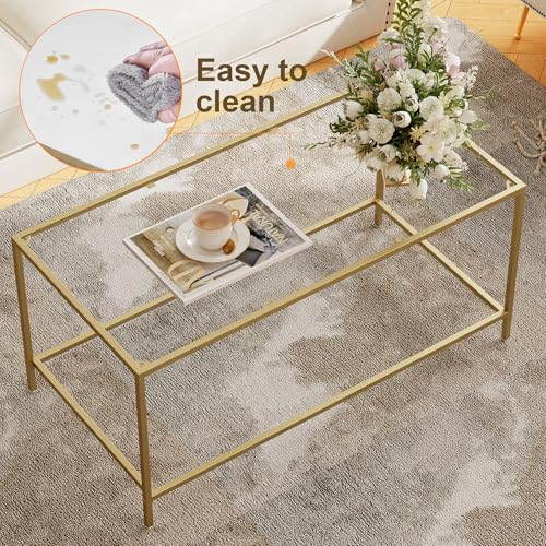 Homleke Gold Glass Coffee Table - Modern Rectangular Living Room Accent, 39.4 x 19.7 x 17.7 Inches