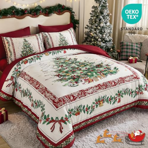 Dinjoy Christmas Comforter Set Queen 7-Piece Red Tree Holiday Bedding, 90x90