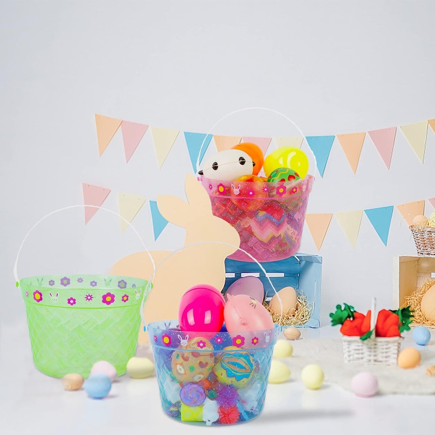 Zcaukya Easter Buckets, 3 Packs Clear Plastic Kids Easter Baskets with Handles, Empty Plastic Easter Pails for Easter Egg Hunt Party Favors, Green, Blue, Pink