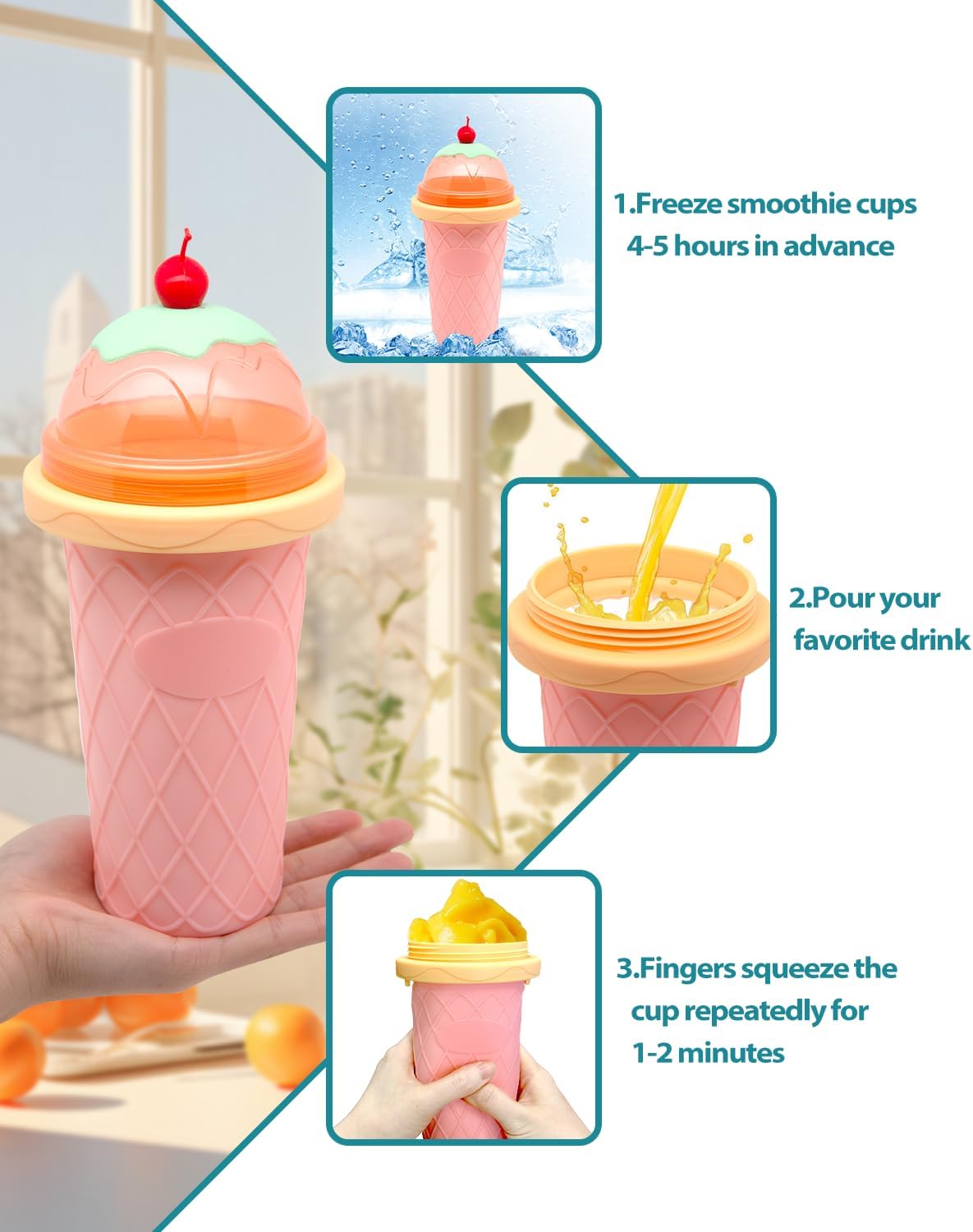 Skiennix Slushie Cup - Portable Smoothie Maker with Lids & Straws | Perfect for Juices & Ice Cream (Pink)