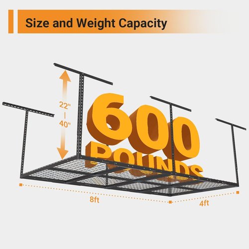 Heavy-Duty Metal Garage Storage Rack by [Brand Name] - Adjustable 4ft x 8ft Ceiling Rack | 600 lb Capacity, Black