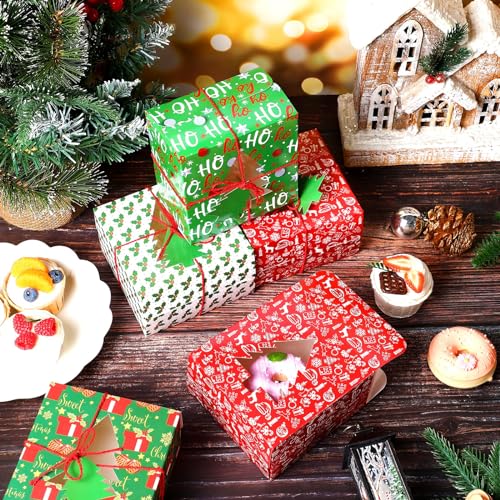 Blulu 48 Pack Christmas Bakery Boxes with PVC Window, Tree Tags & Rope - 5x5x3 Inch